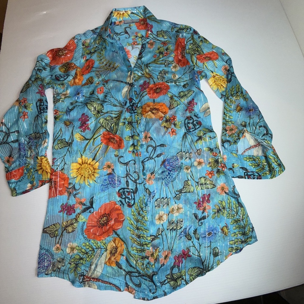 KYLE X SHAHIDA Silver Thread EMBELLISHED BLUE FLORAL PRINT‎ Silk Blouse L